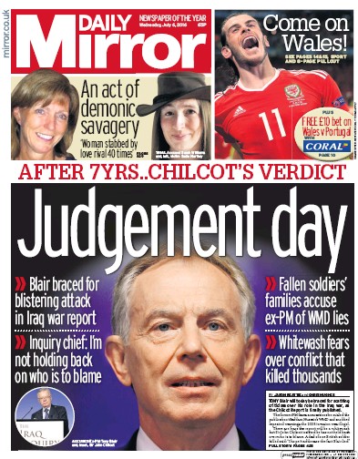 Daily Mirror Newspaper Front Page for 6 July 2016