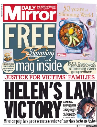 Daily Mirror Newspaper Front Page for 6 July 2019