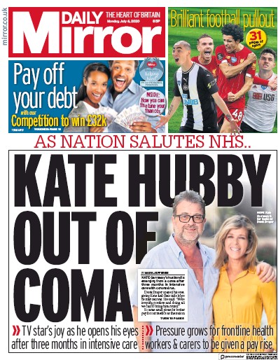 Daily Mirror (UK) Newspaper Front Page for 6 July 2020