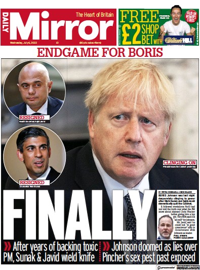 Daily Mirror (UK) Newspaper Front Page for 6 July 2022