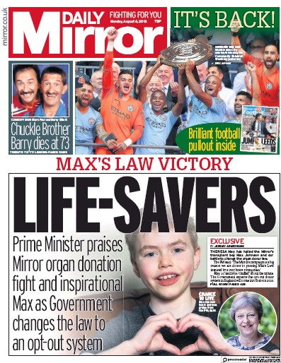 Daily Mirror Newspaper Front Page for 6 August 2018