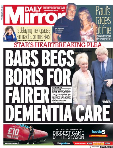 Daily Mirror Newspaper Front Page for 6 August 2019