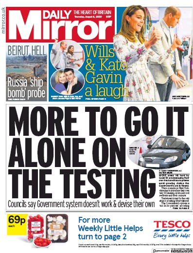 Daily Mirror (UK) Newspaper Front Page for 6 August 2020