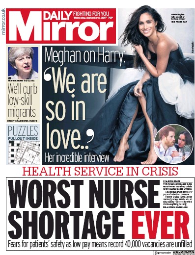 Daily Mirror Newspaper Front Page for 6 September 2017