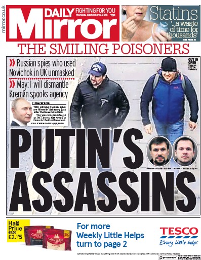 Daily Mirror Newspaper Front Page for 6 September 2018