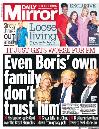 Daily Mirror (UK) Newspaper Front Page for 6 September 2019