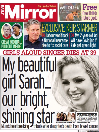 Daily Mirror (UK) Newspaper Front Page for 6 September 2021