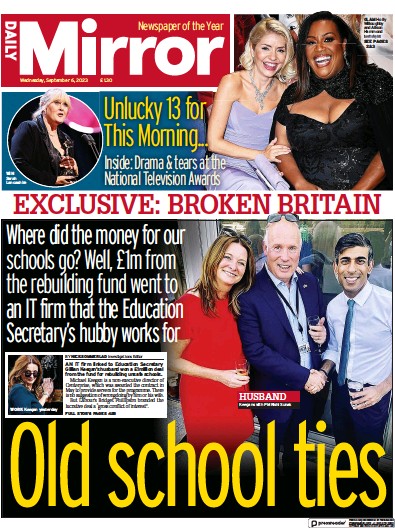 Daily Mirror (UK) Newspaper Front Page for 6 September 2023