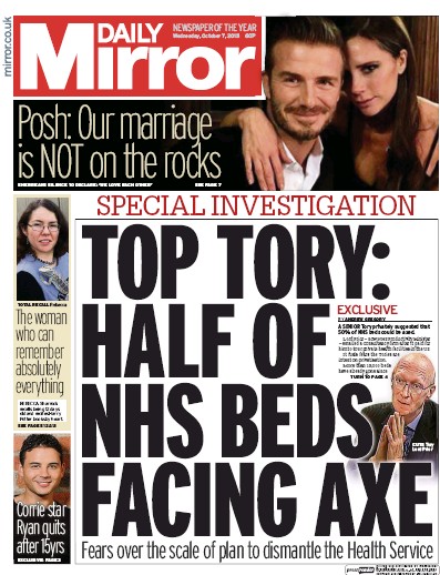 Daily Mirror Newspaper Front Page for 7 October 2015