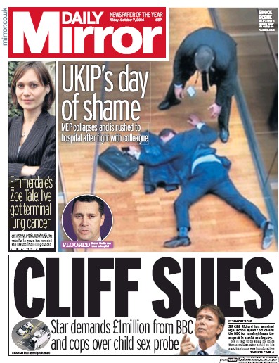 Daily Mirror Newspaper Front Page for 7 October 2016