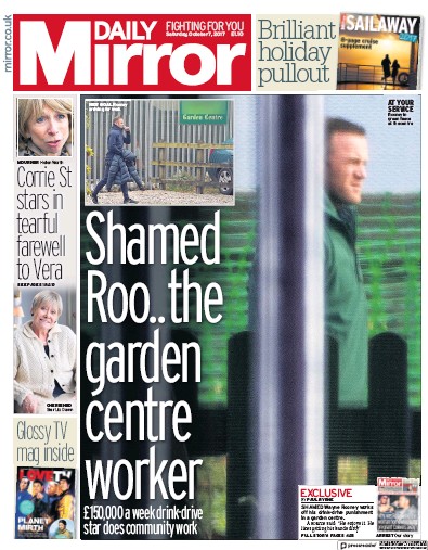 Daily Mirror Newspaper Front Page for 7 October 2017