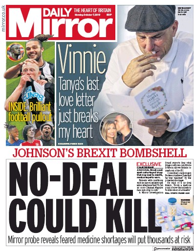 Daily Mirror Newspaper Front Page for 7 October 2019
