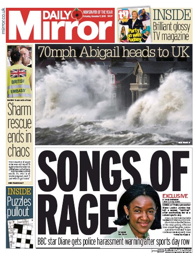 Daily Mirror Newspaper Front Page for 7 November 2015