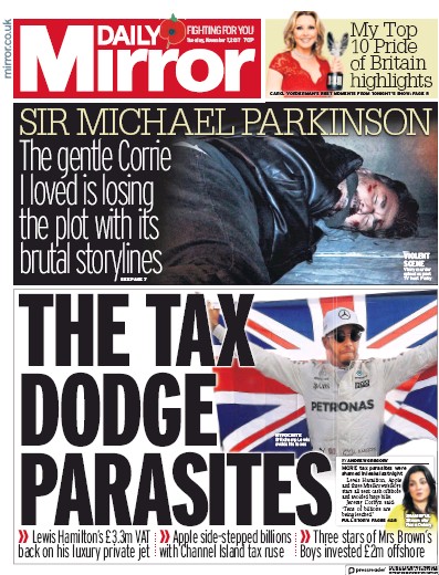 Daily Mirror Newspaper Front Page for 7 November 2017