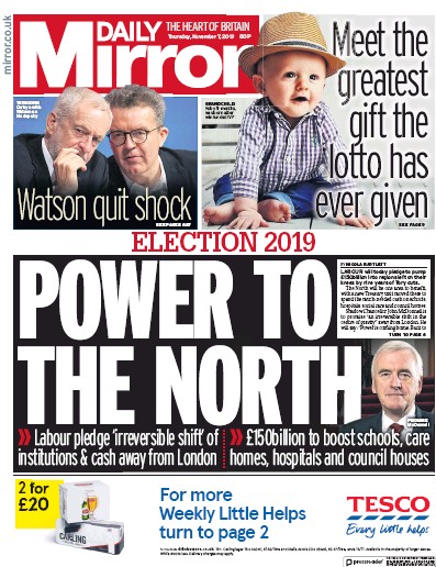 Daily Mirror Newspaper Front Page for 7 November 2019