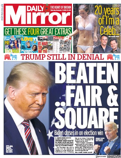 Daily Mirror Newspaper Front Page for 7 November 2020