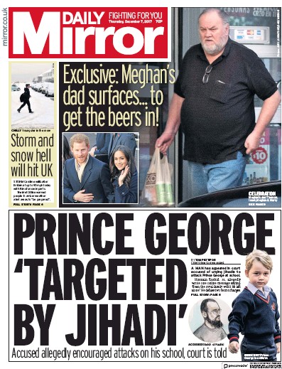 Daily Mirror Newspaper Front Page for 7 December 2017