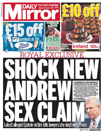 Daily Mirror (UK) Newspaper Front Page for 7 December 2019