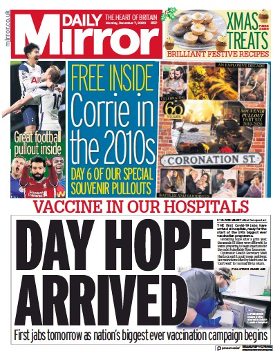 Daily Mirror Newspaper Front Page for 7 December 2020