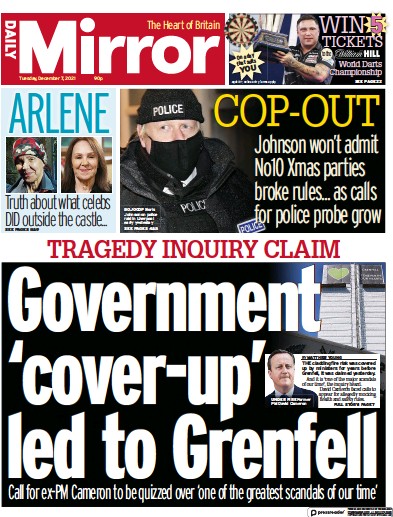 Daily Mirror (UK) Newspaper Front Page for 7 December 2021