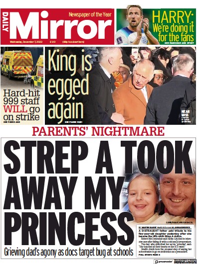 Daily Mirror Newspaper Front Page for 7 December 2022