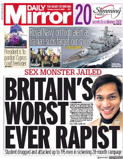 Daily Mirror Newspaper Front Page for 7 January 2020