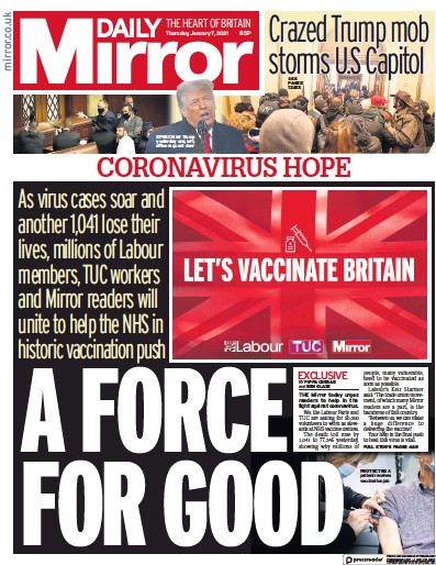 Daily Mirror Newspaper Front Page for 7 January 2021