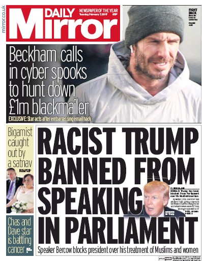 Daily Mirror Newspaper Front Page for 7 February 2017