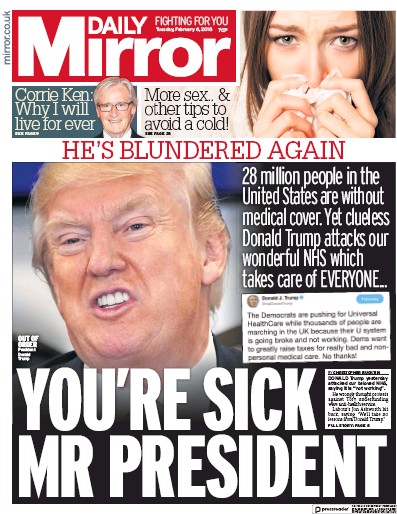 Daily Mirror Newspaper Front Page for 7 February 2018