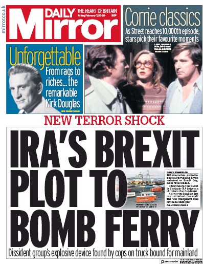 Daily Mirror Newspaper Front Page for 7 February 2020