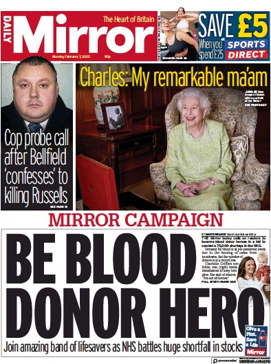 Daily Mirror Newspaper Front Page for 7 February 2022