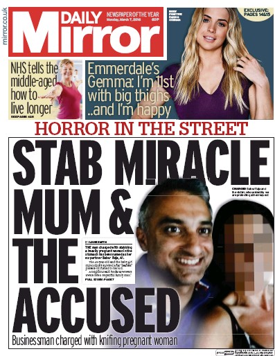 Daily Mirror Newspaper Front Page for 7 March 2016