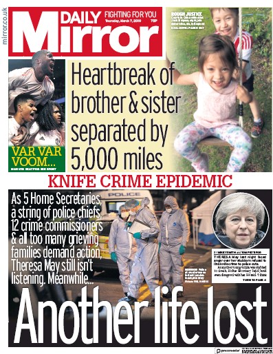 Daily Mirror Newspaper Front Page for 7 March 2019