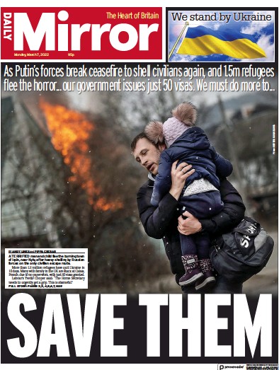Daily Mirror (UK) Newspaper Front Page for 7 March 2022