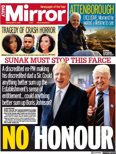 Daily Mirror (UK) Newspaper Front Page for 7 March 2023