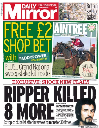 Daily Mirror Newspaper Front Page for 7 April 2017