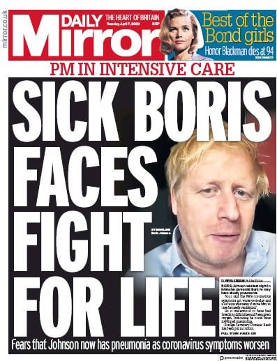 Daily Mirror Newspaper Front Page for 7 April 2020