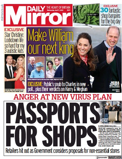 Daily Mirror (UK) Newspaper Front Page for 7 April 2021