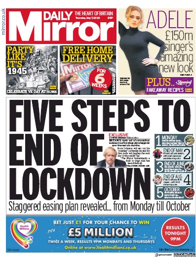 Daily Mirror Newspaper Front Page for 7 May 2020