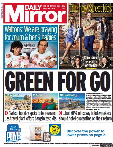 Daily Mirror Newspaper Front Page for 7 May 2021