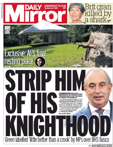 Daily Mirror Newspaper Front Page for 7 June 2016