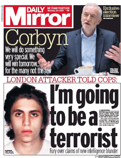 Daily Mirror Newspaper Front Page for 7 June 2017