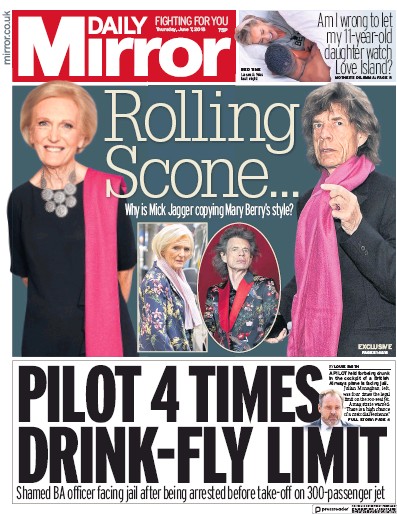 Daily Mirror Newspaper Front Page for 7 June 2018