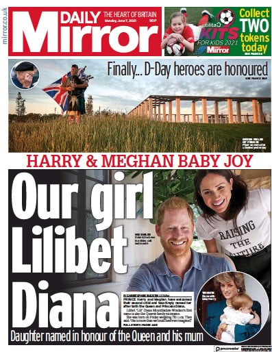 Daily Mirror (UK) Newspaper Front Page for 7 June 2021