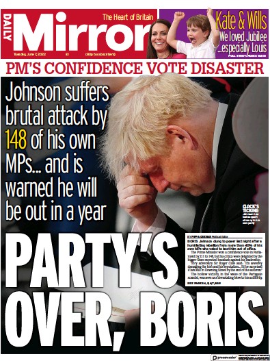 Daily Mirror (UK) Newspaper Front Page for 7 June 2022