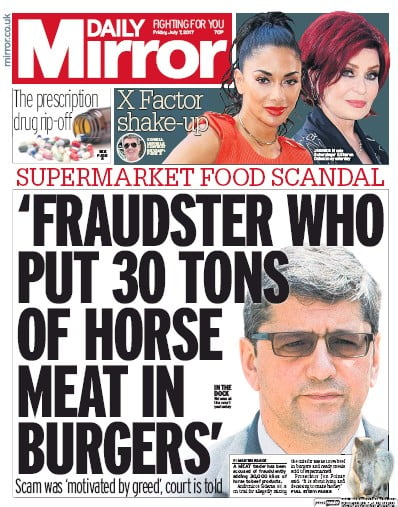 Daily Mirror Newspaper Front Page for 7 July 2017
