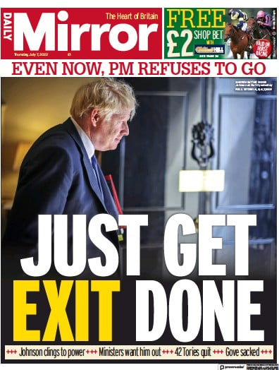Daily Mirror Newspaper Front Page for 7 July 2022