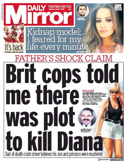 Daily Mirror Newspaper Front Page for 7 August 2017