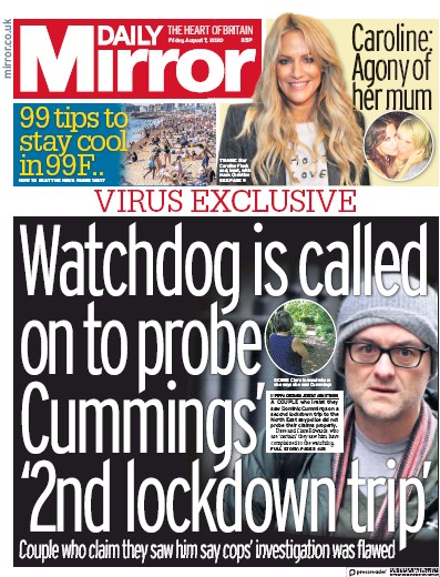Daily Mirror Newspaper Front Page for 7 August 2020