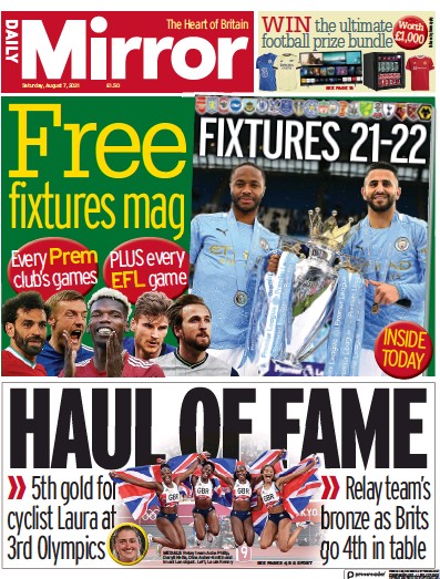 Daily Mirror (UK) Newspaper Front Page for 7 August 2021